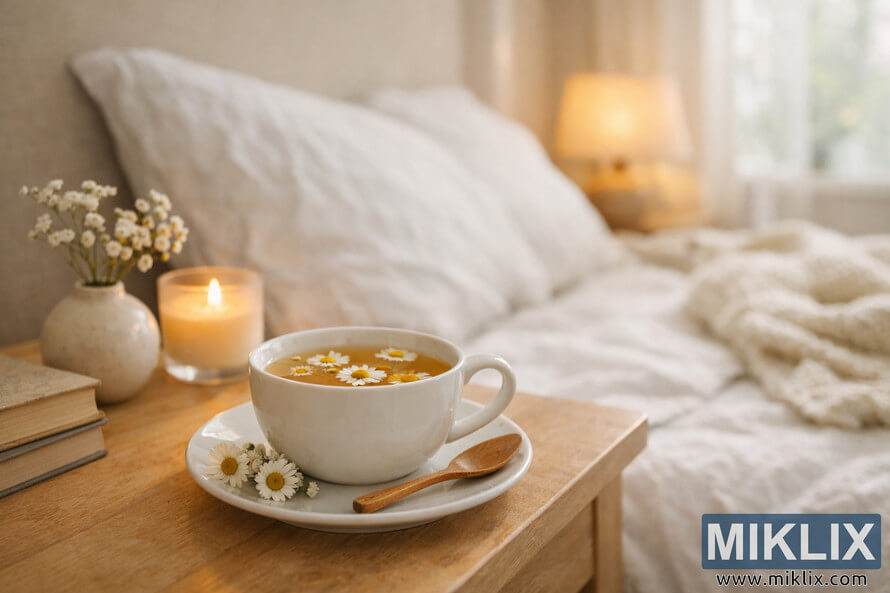 Peaceful bedroom scene with a light wooden nightstand holding a white ceramic cup of chamomile tea on a matching saucer, loose chamomile flowers and a wooden teaspoon beside it, a small off-white vase with baby's breath, a lit candle in a frosted glass holder, and two neutral-colored books, with a softly blurred bed, cream knitted blanket, beige headboard, warm table lamp, and sheer white curtains in the background.