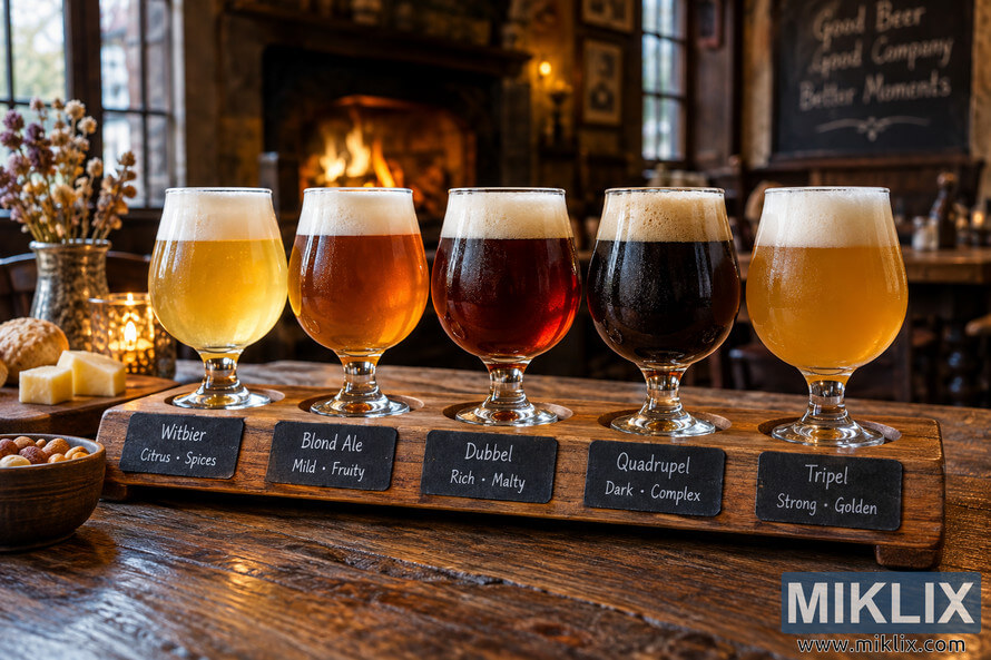 Five Belgian-style ales ranging from pale gold to dark brown sit in labeled glasses on a wooden tasting flight in a warm, firelit rustic pub. Five Belgian-style ales ranging from pale gold to dark brown sit in labeled glasses on a wooden tasting flight in a warm, firelit rustic pub.