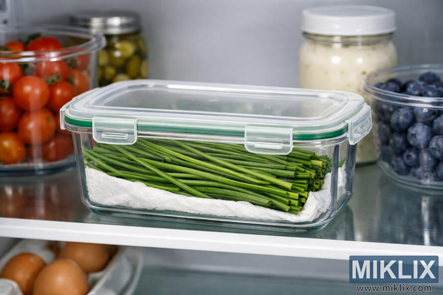 A clear airtight container filled with fresh green chives wrapped in a damp paper towel, placed neatly on a glass shelf inside a refrigerator surrounded by other food items like cherry tomatoes, pickles, mayonnaise, blueberries, and eggs. A clear airtight container filled with fresh green chives wrapped in a damp paper towel, placed neatly on a glass shelf inside a refrigerator surrounded by other food items like cherry tomatoes, pickles, mayonnaise, blueberries, and eggs.