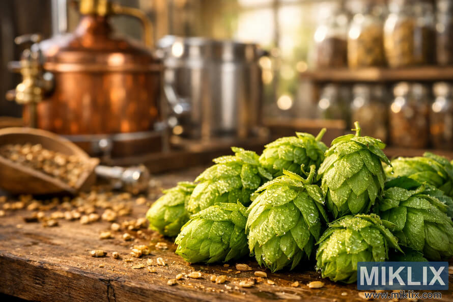 Close-up view of fresh green Pocket Talisman hop cones covered in dewdrops on a rustic wooden surface, with blurred copper kettles, stainless steel brewing equipment, scattered grains, and shelves of glass jars in a warm, sunlit brewery background. Close-up view of fresh green Pocket Talisman hop cones covered in dewdrops on a rustic wooden surface, with blurred copper kettles, stainless steel brewing equipment, scattered grains, and shelves of glass jars in a warm, sunlit brewery background.