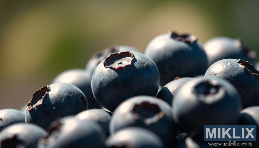 Posnetek zrelih borovnic od blizu z globokimi modrimi odtenki pod stransko osvetlitvijo na zamegljenem ozadju.