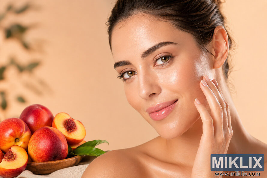 Close-up beauty portrait of a young woman with glowing healthy skin beside fresh nectarines and peaches in warm natural lighting, symbolizing skin nourishment and wellness. Close-up beauty portrait of a young woman with glowing healthy skin beside fresh nectarines and peaches in warm natural lighting, symbolizing skin nourishment and wellness.
