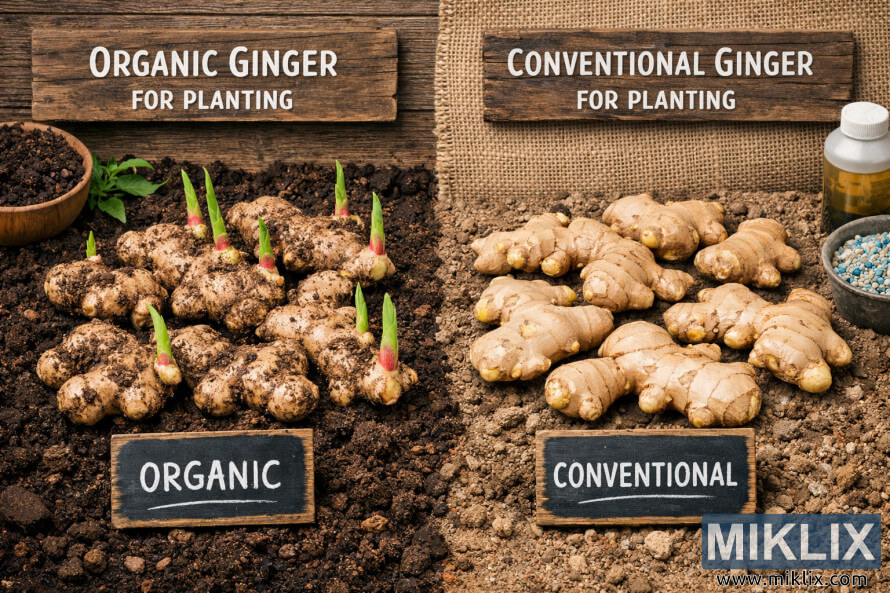 Een vergelijking naast elkaar van biologische en conventionele gemberwortelstokken voor de aanplanting, waarbij de verschillen in bodem, uitlopers en uiterlijk worden getoond. Een vergelijking naast elkaar van biologische en conventionele gemberwortelstokken voor de aanplanting, waarbij de verschillen in bodem, uitlopers en uiterlijk worden getoond.