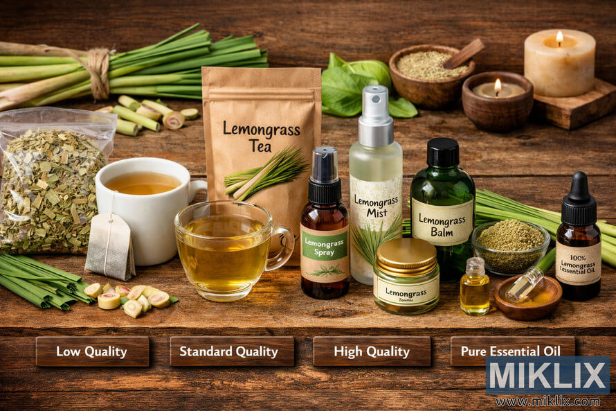 Landscape photo of a rustic wooden table displaying four sections of lemongrass-based products labeled low quality, standard quality, high quality, and pure essential oil, including dried lemongrass, tea bags, glass cups of tea, sprays, balms, extracts, and small amber bottles of concentrated lemongrass essential oil arranged from left to right. Landscape photo of a rustic wooden table displaying four sections of lemongrass-based products labeled low quality, standard quality, high quality, and pure essential oil, including dried lemongrass, tea bags, glass cups of tea, sprays, balms, extracts, and small amber bottles of concentrated lemongrass essential oil arranged from left to right.