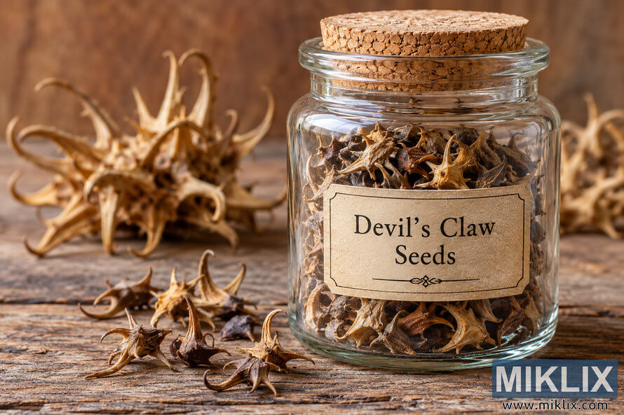 Glass jar labeled âDevilâs Claw Seedsâ filled with dry, hooked brown plant material on a rustic wooden table. Glass jar labeled âDevilâs Claw Seedsâ filled with dry, hooked brown plant material on a rustic wooden table.