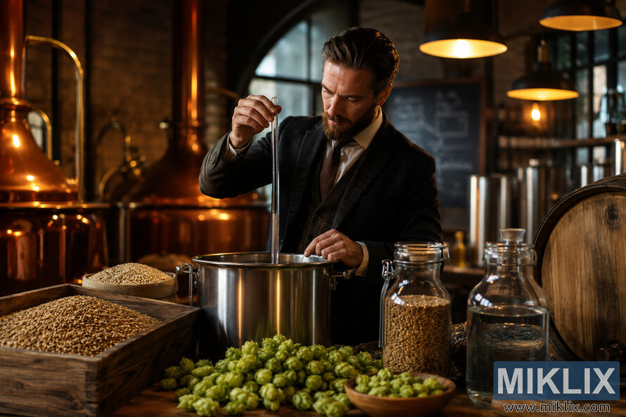 An artisan brewer in professional attire carefully preparing a fermentation vessel inside a warmly lit microbrewery surrounded by malted barley, fresh hops, wooden barrels, and gleaming copper brewing equipment. An artisan brewer in professional attire carefully preparing a fermentation vessel inside a warmly lit microbrewery surrounded by malted barley, fresh hops, wooden barrels, and gleaming copper brewing equipment.