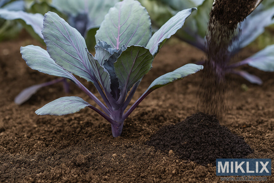 Fertilitzant orgÃ nic aplicat a la base de les plantes de col llombarda en un jardÃ­