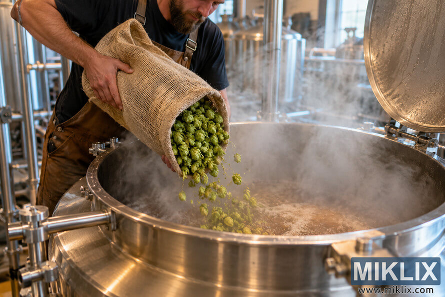 Brewer pours fresh green hop cones from a burlap sack into an open stainless-steel brewing kettle as amber wort boils and steam rises inside a professional brewery. Brewer pours fresh green hop cones from a burlap sack into an open stainless-steel brewing kettle as amber wort boils and steam rises inside a professional brewery.