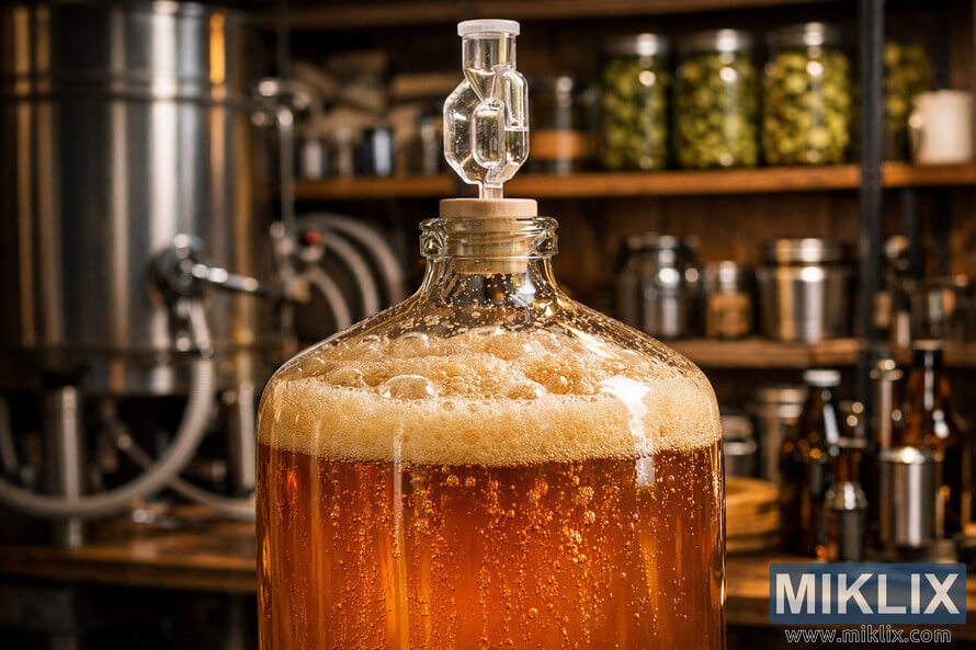 Close-up photograph of a glass carboy filled with fermenting German ale in a warm, inviting home brewing setup. The carboy is centered, showing golden beer with a thick foamy krausen and a clear plastic airlock bubbling at the top. Close-up photograph of a glass carboy filled with fermenting German ale in a warm, inviting home brewing setup. The carboy is centered, showing golden beer with a thick foamy krausen and a clear plastic airlock bubbling at the top.