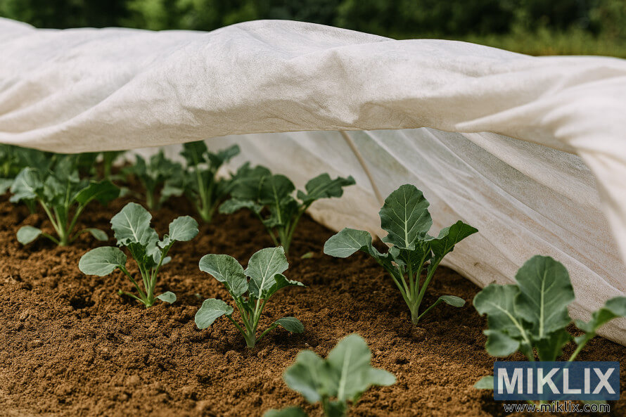 Cây bông cải xanh non má»c thà nh hà ng ngay ngắn dưá»i lá»p phá»§ trắng bảo vá» trong vưá»n. Cây bông cải xanh non má»c thà nh hà ng ngay ngắn dưá»i lá»p phá»§ trắng bảo vá» trong vưá»n.