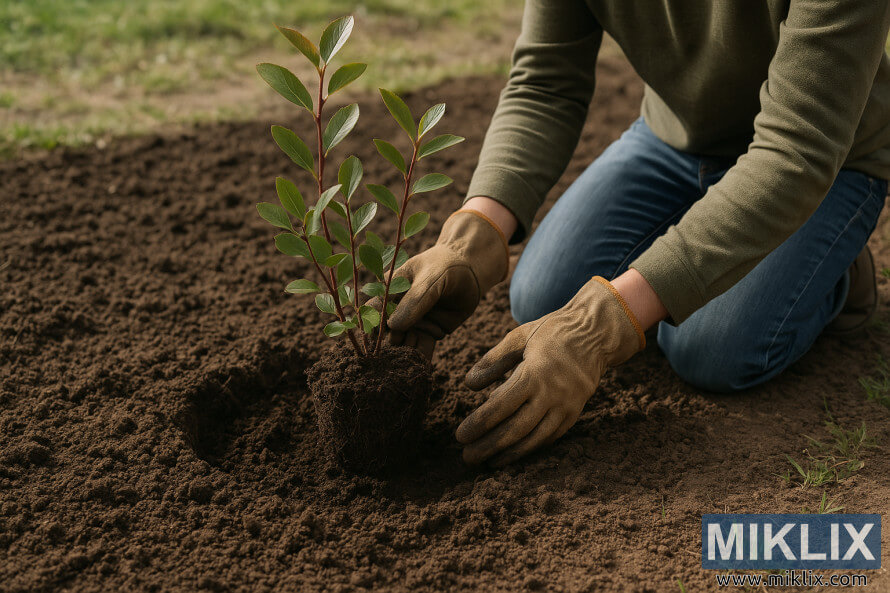 A gardener wearing gloves kneels in a freshly prepared garden bed while planting a young aronia shrub with dark green leaves and reddish stems.