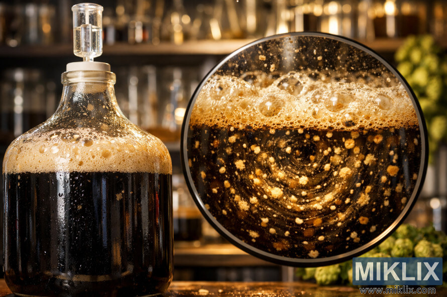 Glazen gistingsvat met donker stoutbier dat actief aan het gisten is, met bubbelende schuimkraag en oplichtende gistdeeltjes, terwijl brouwapparatuur en hop op de achtergrond vaag zichtbaar zijn. Glazen gistingsvat met donker stoutbier dat actief aan het gisten is, met bubbelende schuimkraag en oplichtende gistdeeltjes, terwijl brouwapparatuur en hop op de achtergrond vaag zichtbaar zijn.