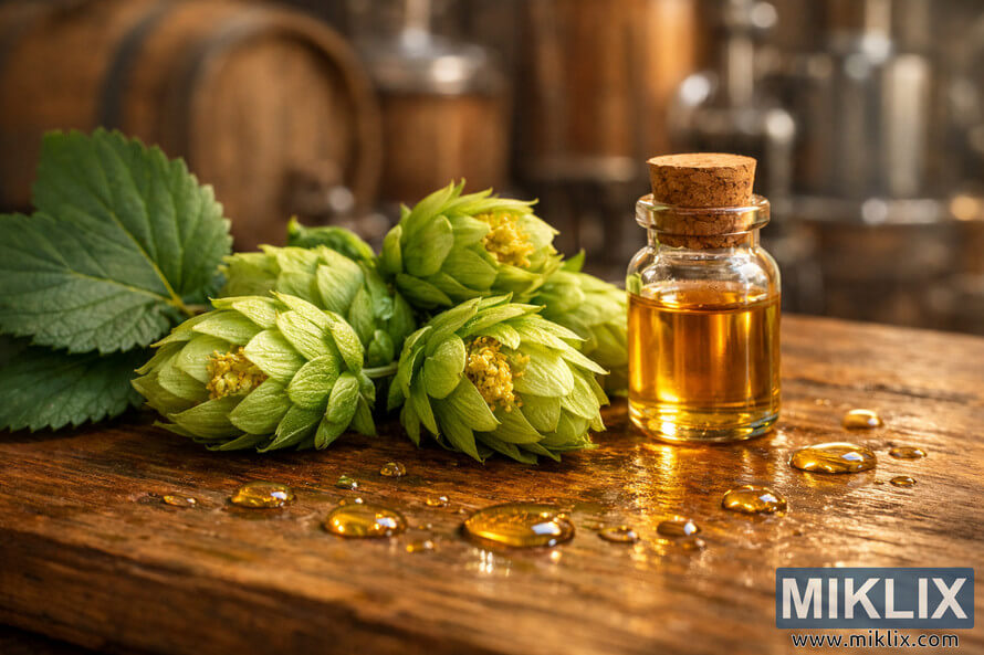 A warm, earthy close-up of fresh Sticklebract hops, golden essential oil droplets, and a glowing glass vial on a wooden table. A warm, earthy close-up of fresh Sticklebract hops, golden essential oil droplets, and a glowing glass vial on a wooden table.