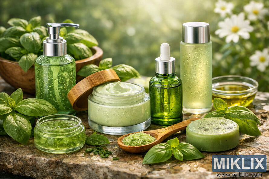 Landscape photo of basil-infused skincare products arranged on a wet stone surface with fresh basil leaves, wooden spoon of scrub, and soft natural light highlighting green glass bottles and jars.