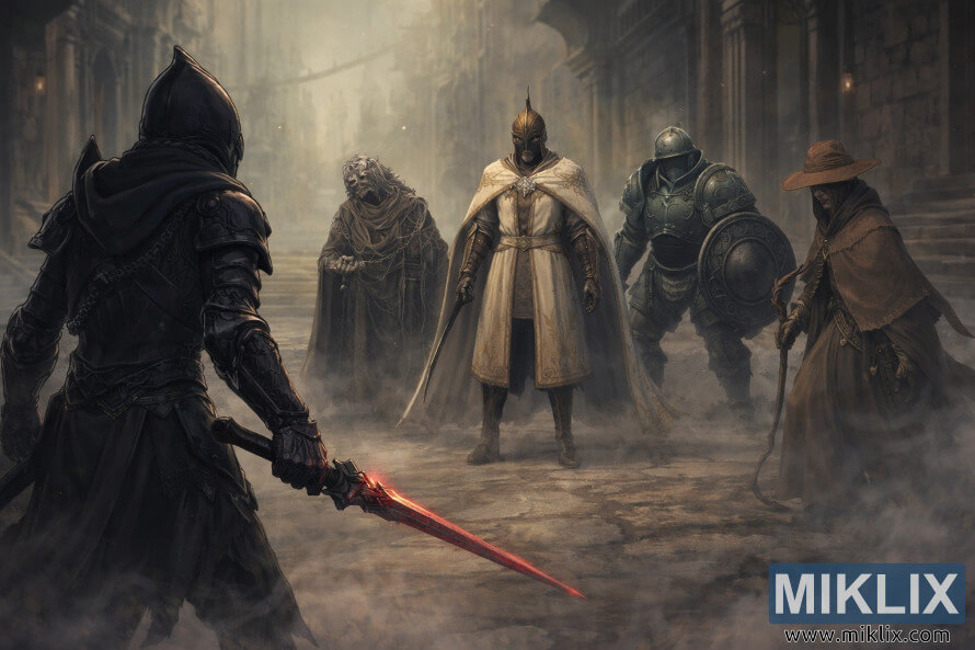 Anime-style fan art showing the Tarnished in Black Knife armor facing Leda, Hornsent, Moore, and Dryleaf Dane in Enir-Ilim just before combat begins.