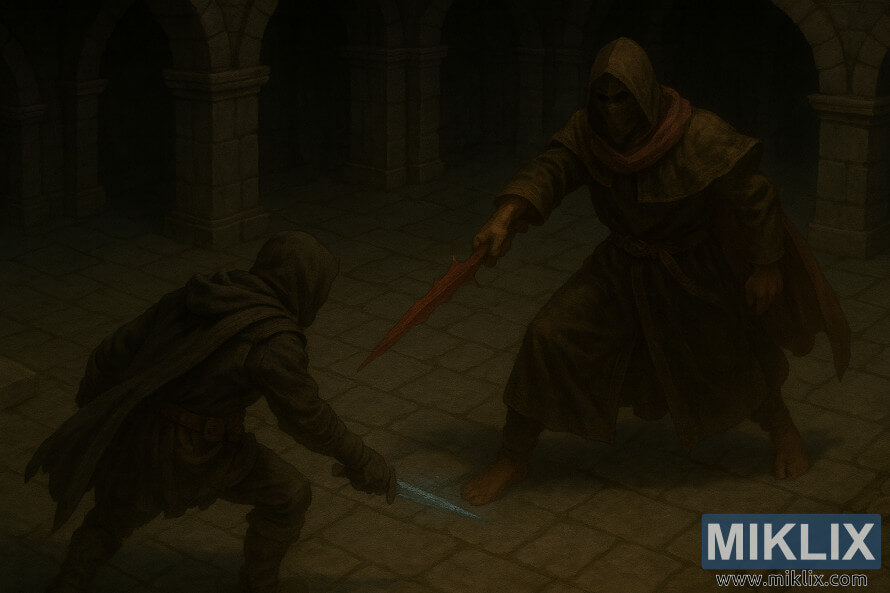 TumÅ¡as fantÄzijas aina, kurÄ AptraipÄ«tais met lÄcienus ar mirdzoÅ¡u dunci, kamÄr maskÄ tÄrptais Sangviniskais CÄlais stÄjas pretÄ« AsiÅainajai Heliksei pazemes cietumÄ. TumÅ¡as fantÄzijas aina, kurÄ AptraipÄ«tais met lÄcienus ar mirdzoÅ¡u dunci, kamÄr maskÄ tÄrptais Sangviniskais CÄlais stÄjas pretÄ« AsiÅainajai Heliksei pazemes cietumÄ.