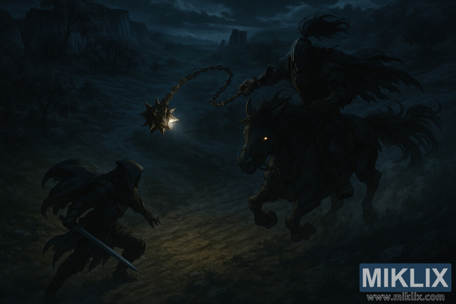 Semi-realistic fan art of the Tarnished fighting the Night's Cavalry under moonlight on Altus Highway.