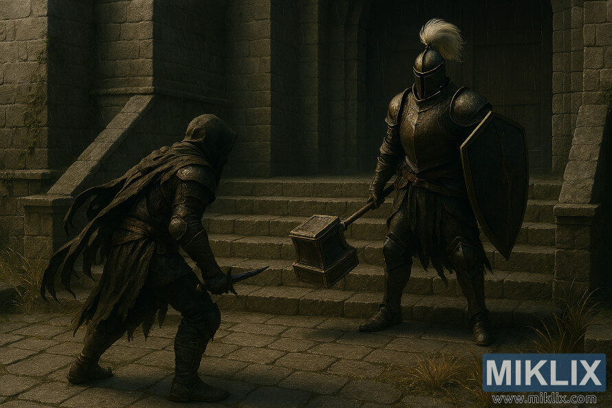 Hyper-realistic 3D image of the Tarnished confronting Black Knight Garrew on fortress steps in Elden Ring