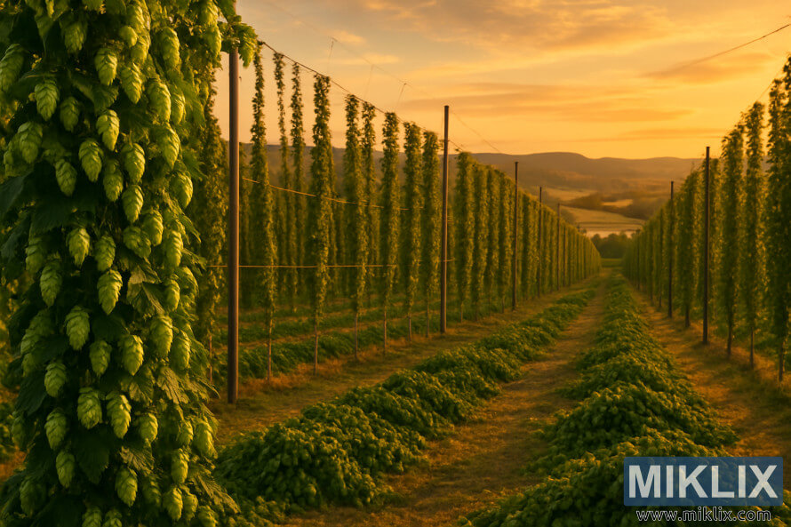 Hop field at sunset with lush hop bines, trellises, and rolling hills in the background.