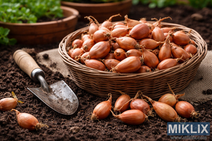 Basket of shallot sets on dark garden soil beside a small metal trowel, ready for planting in a rustic garden setting.