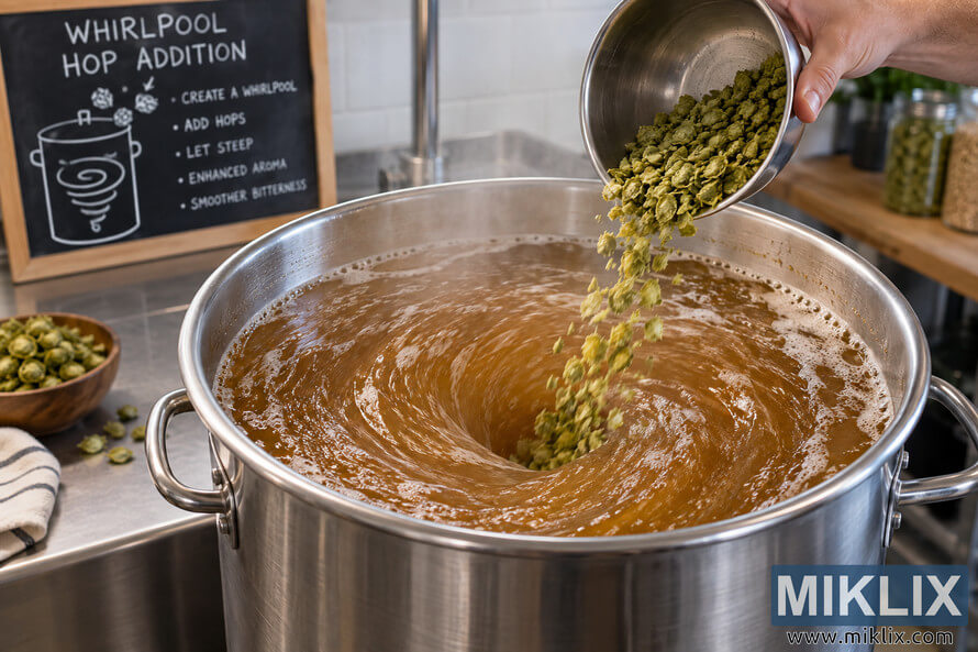 Photorealistic brewing demonstration showing green hops being poured from a metal bowl into amber wort swirling in a stainless-steel kettle, with a chalkboard explaining whirlpool hop addition in the background. Photorealistic brewing demonstration showing green hops being poured from a metal bowl into amber wort swirling in a stainless-steel kettle, with a chalkboard explaining whirlpool hop addition in the background.