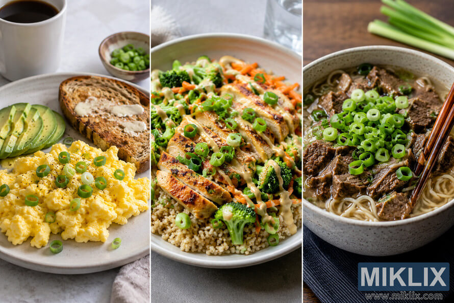 A high-resolution landscape triptych featuring three meals throughout the day unified by fresh scallions: creamy scrambled eggs with avocado toast for breakfast, a grilled chicken grain bowl with vegetables for lunch, and a rich noodle soup topped with sliced green onions for dinner.