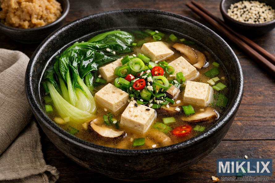 A steaming bowl of miso soup in a black ceramic bowl on a dark wooden table, filled with tofu cubes, bok choy, shiitake mushrooms, and topped with sliced scallions, red chili, and white and black sesame seeds, with a dish of miso paste, a small bowl of sesame seeds, wooden chopsticks, and a folded beige linen cloth arranged around it. A steaming bowl of miso soup in a black ceramic bowl on a dark wooden table, filled with tofu cubes, bok choy, shiitake mushrooms, and topped with sliced scallions, red chili, and white and black sesame seeds, with a dish of miso paste, a small bowl of sesame seeds, wooden chopsticks, and a folded beige linen cloth arranged around it.