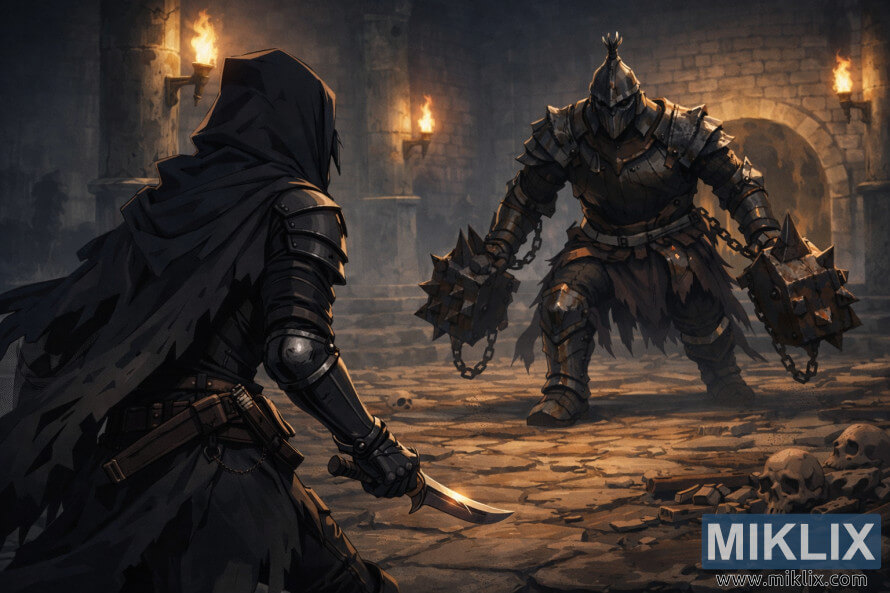 Anime-style illustration of the Tarnished seen from behind facing the Grave Warden Duelist in the torchlit Murkwater Catacombs moments before battle.