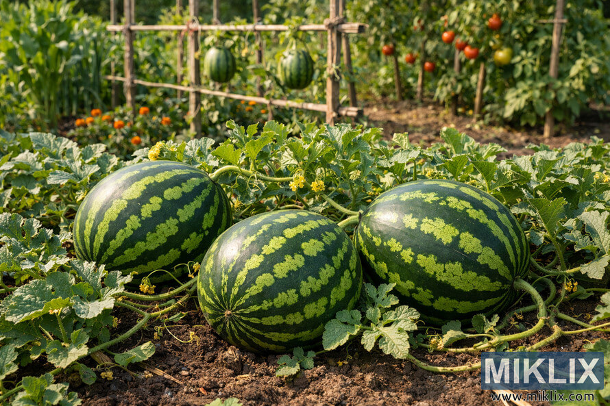 Three ripe watermelons resting on vines in a sunny home vegetable garden with trellis and tomato plants in the background. Three ripe watermelons resting on vines in a sunny home vegetable garden with trellis and tomato plants in the background.