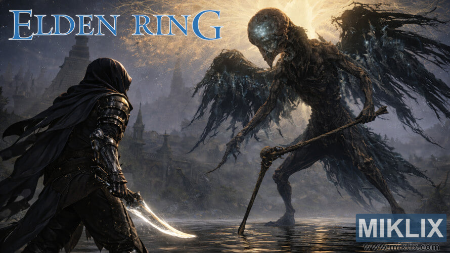 Elden Ring fan art of Black Knife armor-clad player confronting Death Rite Bird in Academy Gate Town