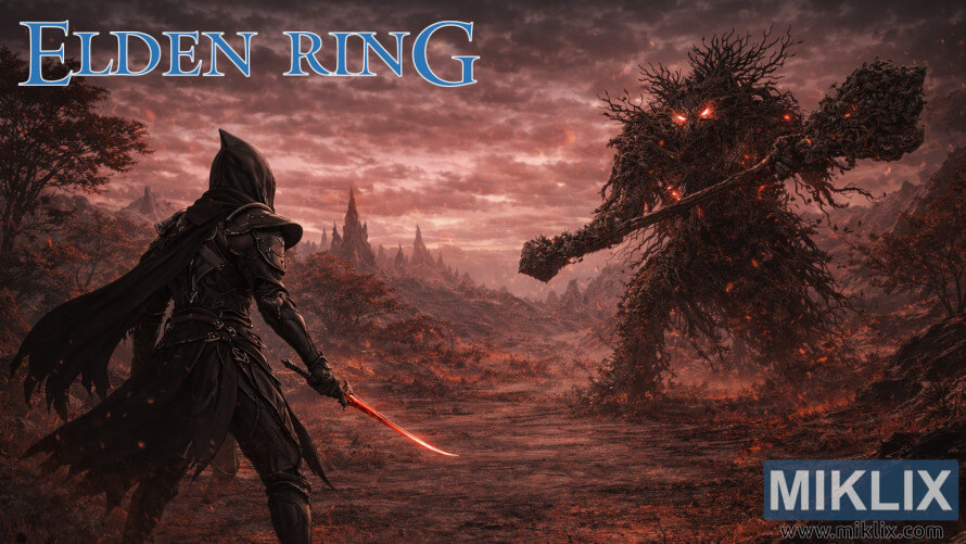 Fan art of Elden Ring's Black Knife armor-clad player battling Putrid Avatar in Caelid