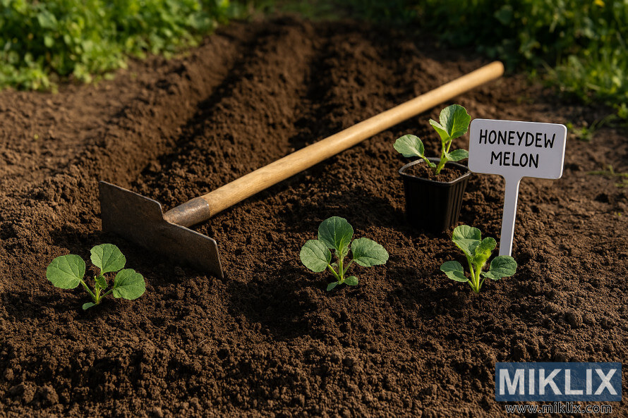 Freshly tilled garden bed with honeydew melon seedlings, gardening tools, and plant label Freshly tilled garden bed with honeydew melon seedlings, gardening tools, and plant label