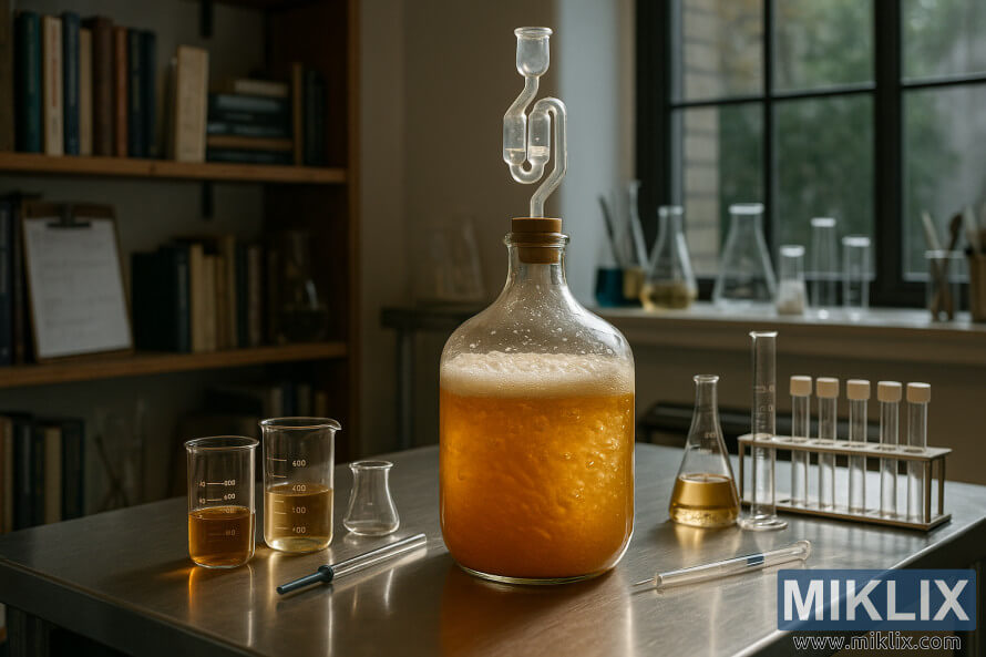 Maabara ya kiwanda cha kutengeneza pombe kidogo na kisanduku cha chachu ya dhahabu chachu na vyombo vya kisayansi.