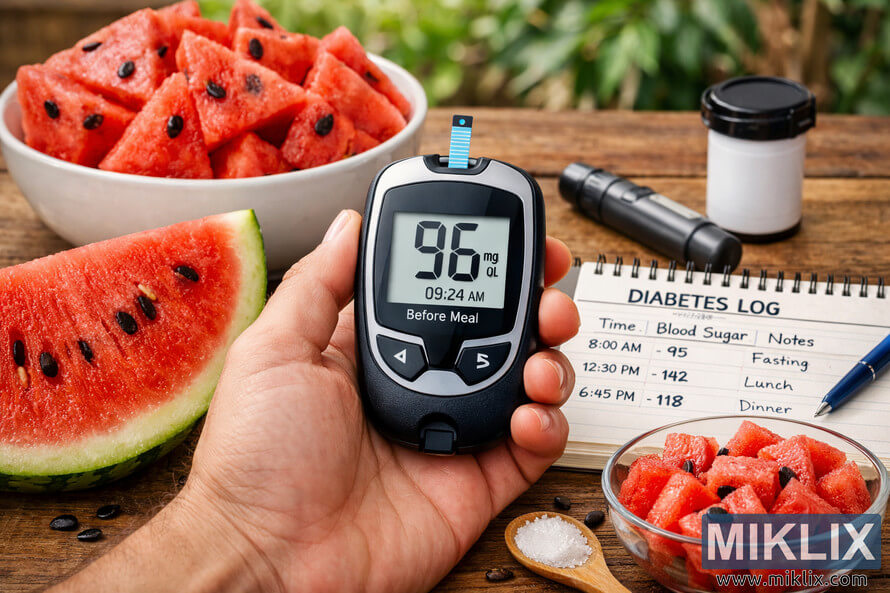 A high-resolution landscape photo showing a blood glucose meter reading 96 mg/dL beside watermelon slices, a diabetes logbook, and monitoring tools on a wooden table. A high-resolution landscape photo showing a blood glucose meter reading 96 mg/dL beside watermelon slices, a diabetes logbook, and monitoring tools on a wooden table.