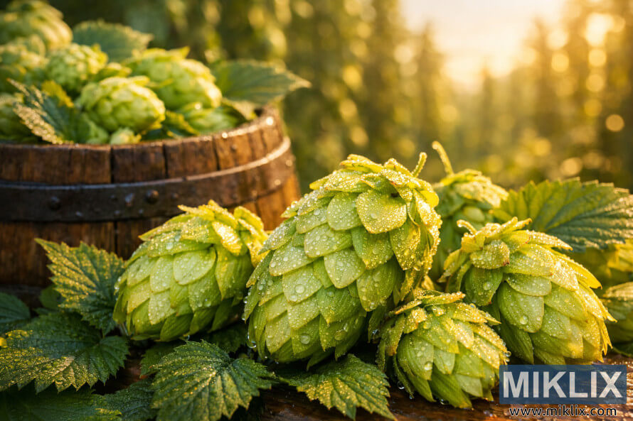 Close-up of fresh green Hersbrucker hop cones with dew, a rustic wooden barrel of hop leaves, and a softly blurred sunlit hop field in the background. Close-up of fresh green Hersbrucker hop cones with dew, a rustic wooden barrel of hop leaves, and a softly blurred sunlit hop field in the background.