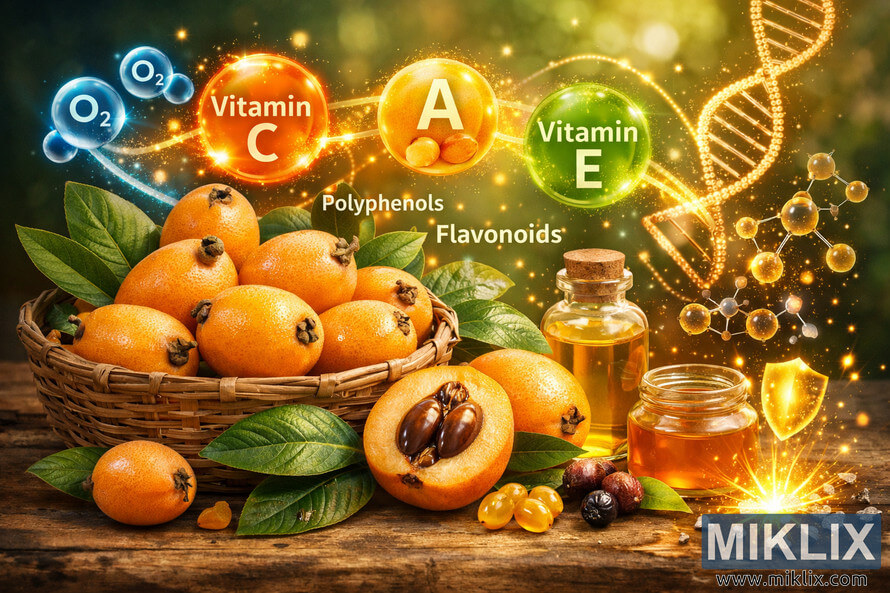 Conceptual image of ripe loquats in a wicker basket with a sliced loquat in the center, surrounded by glowing antioxidant spheres labeled Vitamin C, Vitamin A, Vitamin E, and other compounds, alongside a bottle of loquat oil, a jar of juice, a luminous DNA helix, protective shield icons, and shattered free radical molecules against a blurred green and golden background. Conceptual image of ripe loquats in a wicker basket with a sliced loquat in the center, surrounded by glowing antioxidant spheres labeled Vitamin C, Vitamin A, Vitamin E, and other compounds, alongside a bottle of loquat oil, a jar of juice, a luminous DNA helix, protective shield icons, and shattered free radical molecules against a blurred green and golden background.
