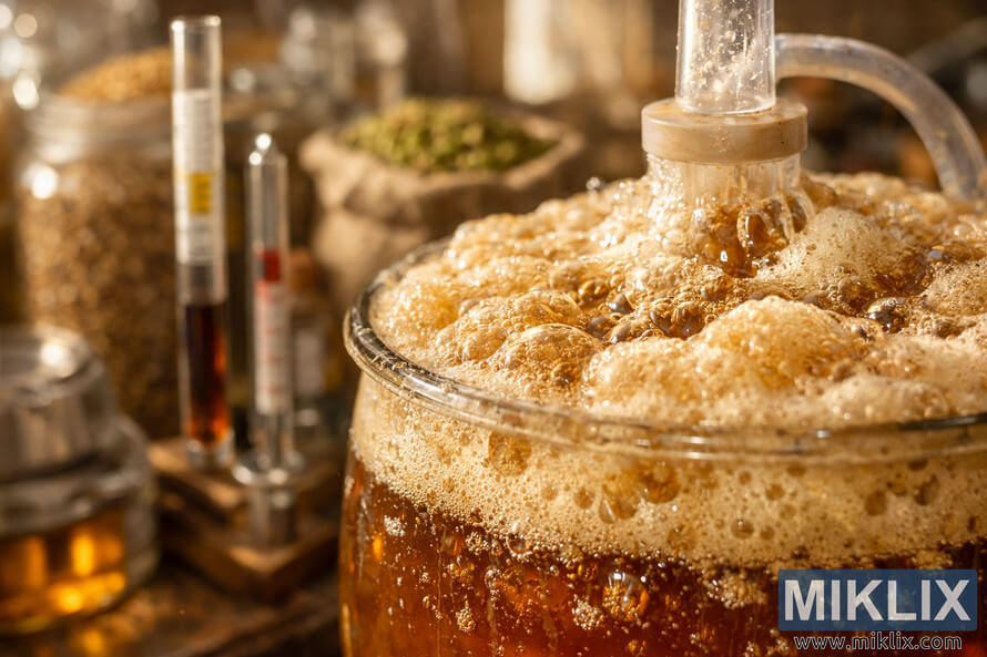 Close-up photograph of a glass fermentation vessel filled with frothy, golden-brown beer actively bubbling, with a thick off-white foam cap and a transparent airlock tube emerging from the top. Close-up photograph of a glass fermentation vessel filled with frothy, golden-brown beer actively bubbling, with a thick off-white foam cap and a transparent airlock tube emerging from the top.
