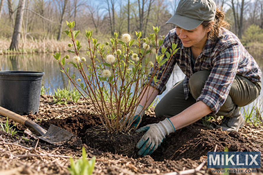 Gardener kneeling beside a pond and planting a leafy shrub with white spherical flowers in freshly dug soil during early spring. Gardener kneeling beside a pond and planting a leafy shrub with white spherical flowers in freshly dug soil during early spring.