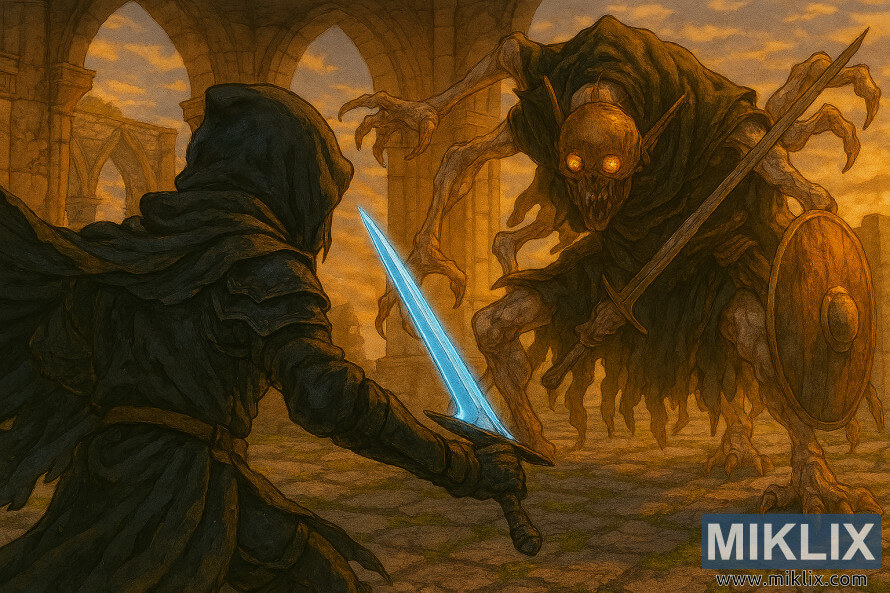 Fan art ÏÎµ ÏÏÏÎ» anime ÏÎ¿Ï Tarnished Î¼Îµ ÏÎ±Î½Î¿ÏÎ»Î¯Î± Black Knife Î½Î± Î±Î½ÏÎ¹Î¼ÎµÏÏÏÎ¯Î¶ÎµÎ¹ Î­Î½Î±Î½ Î³ÎºÏÎ¿ÏÎ­ÏÎºÎ¿ Grafted Scion ÏÏÎ¿ Chapel of Anticipation.