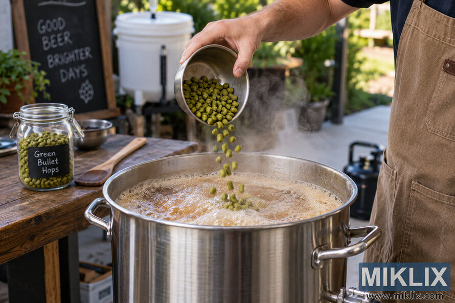 Homebrewer in a brown apron pours green Green Bullet hop pellets from a metal cup into a steaming stainless-steel kettle of boiling golden wort during an outdoor homebrew day. Homebrewer in a brown apron pours green Green Bullet hop pellets from a metal cup into a steaming stainless-steel kettle of boiling golden wort during an outdoor homebrew day.
