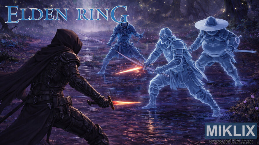 Fan art of an Elden Ring player in Black Knife armor battling Fia’s ghostly champions in the shallow waters of Deeproot Depths. Fan art of an Elden Ring player in Black Knife armor battling Fia’s ghostly champions in the shallow waters of Deeproot Depths.