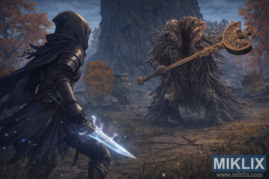 DÃ¶yÃ¼Å baÅlamazdan ÉvvÉl AÄlayan YarÄ±madada Erdtree Avatar bossuna qarÅÄ± duran Qara BÄ±Ã§aqlÄ± Tarnished zirehinin anime stili fanat sÉnÉti.