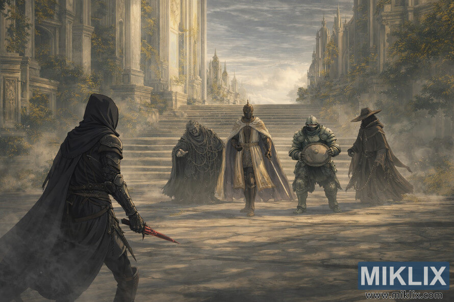 Wide anime-style scene showing the Tarnished in Black Knife armor facing Leda, Hornsent, Moore, and Dryleaf Dane amid the golden ruins of Enir-Ilim before battle.