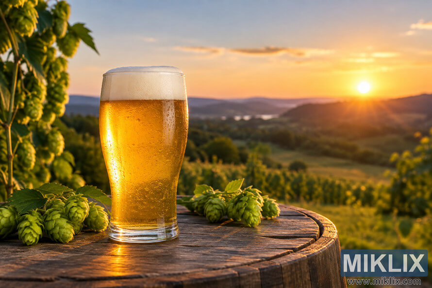 Photorealistic golden hopped beer with creamy foam on a rustic wooden barrel, surrounded by fresh green hop cones and hop vines at sunset