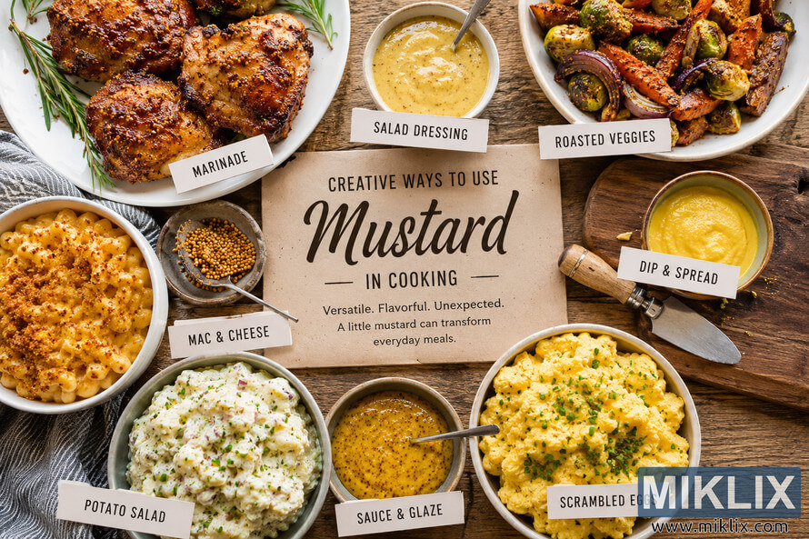 A high-resolution flat-lay food scene featuring creative mustard-based dishes including roasted vegetables, scrambled eggs, macaroni and cheese, potato salad, glazed chicken, dipping sauces, and salad dressing arranged around a central sign that reads 'Creative Ways to Use Mustard in Cooking' on a rustic wooden table. A high-resolution flat-lay food scene featuring creative mustard-based dishes including roasted vegetables, scrambled eggs, macaroni and cheese, potato salad, glazed chicken, dipping sauces, and salad dressing arranged around a central sign that reads 'Creative Ways to Use Mustard in Cooking' on a rustic wooden table.