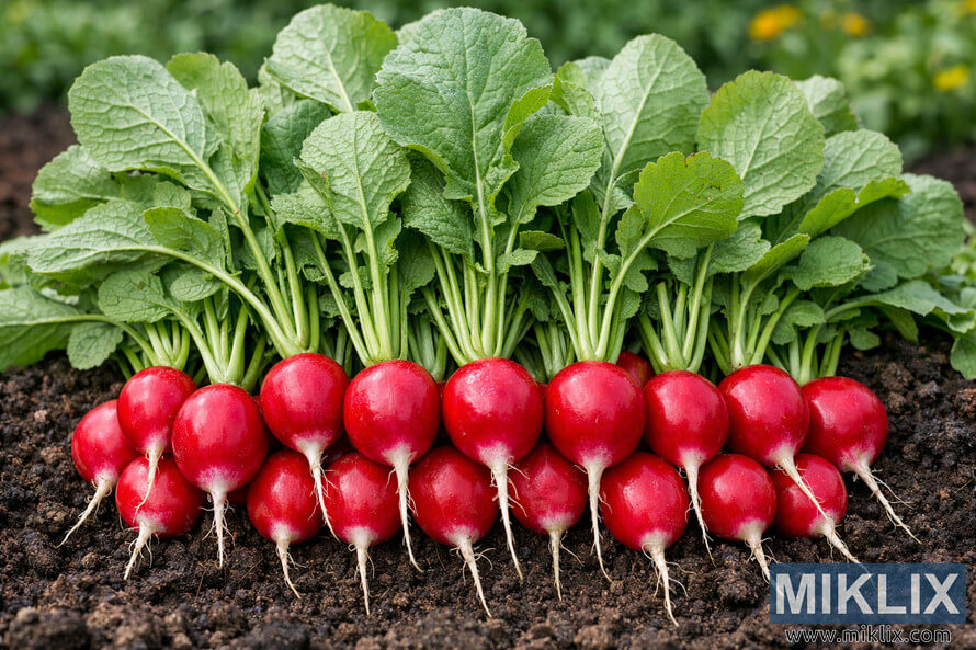 Row of freshly harvested red radishes with green leaves arranged neatly on rich garden soil