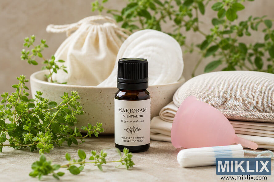 Amber glass bottle of marjoram essential oil surrounded by womenâs wellness products including a pink menstrual cup, cotton pads, folded fabric, and botanical herbs in a calm spa-inspired arrangement with soft natural lighting. Amber glass bottle of marjoram essential oil surrounded by womenâs wellness products including a pink menstrual cup, cotton pads, folded fabric, and botanical herbs in a calm spa-inspired arrangement with soft natural lighting.