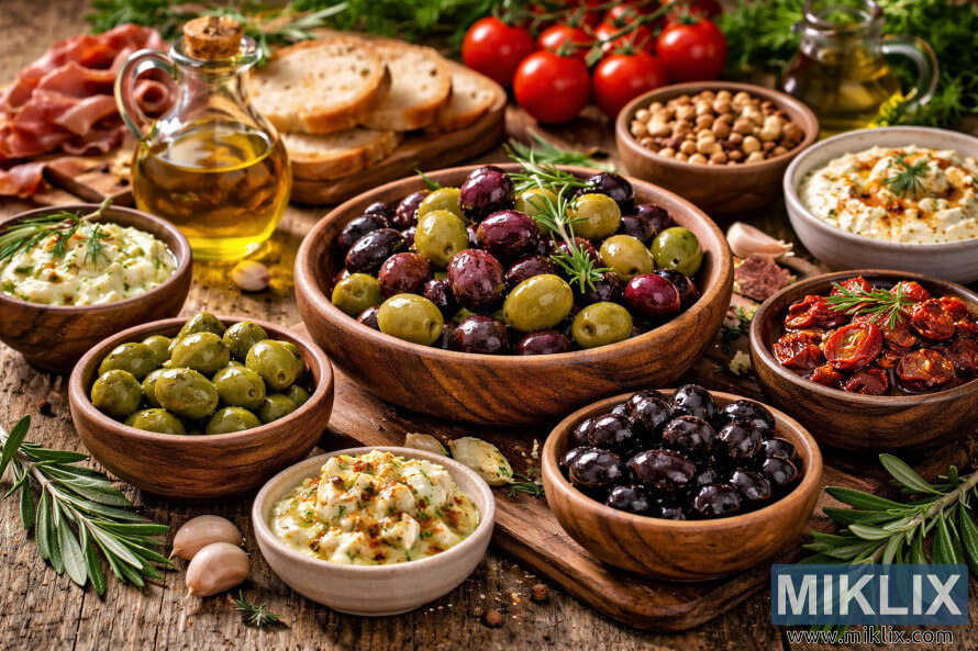 Landscape photo of mixed olives in a wooden bowl surrounded by Mediterranean foods like bread, olive oil, dips, tomatoes, and herbs on a rustic table.