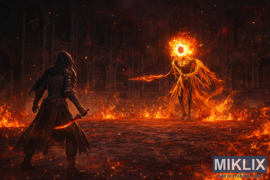 Wide anime-style fan art of the Tarnished in Black Knife armor facing Midra, Lord of Frenzied Flame, inside a burning stone hall just before combat.