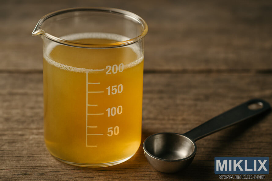 A glass beaker filled with translucent golden liquid beside a metal measuring spoon on a textured wooden surface.